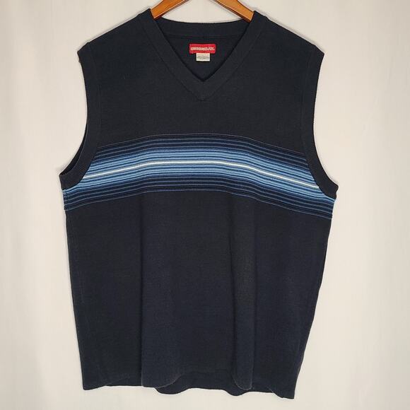 Unionbay Men's V-Neck Sweater Vest Navy Blue White Stripes Vintage Large - Picture 2 of 6